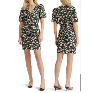 Veronica Beard Janis Dress floral puff sleeve mini gathered ruched black New 4